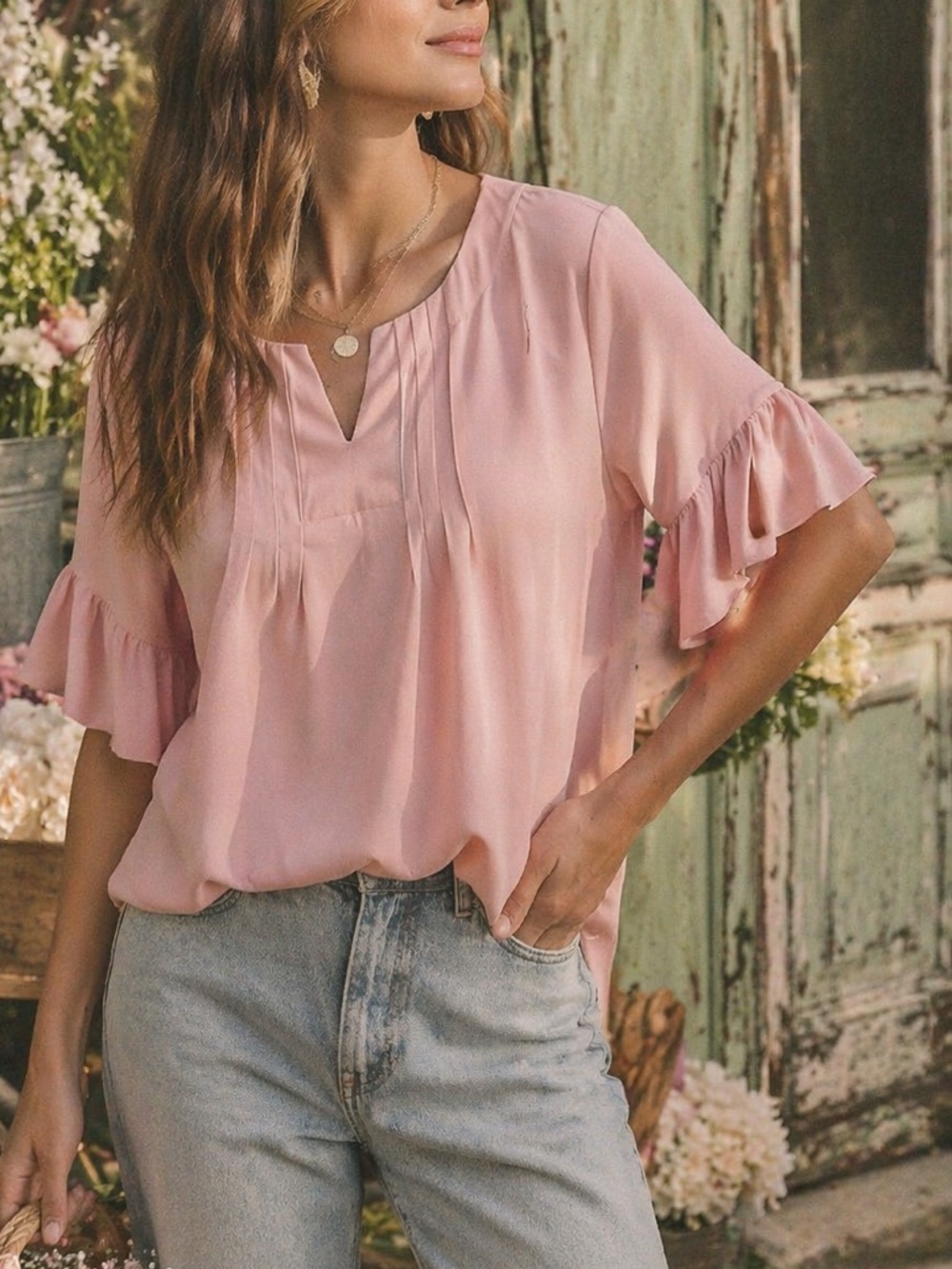 Pink Ruffle Sleeve Women's Top EC Sm